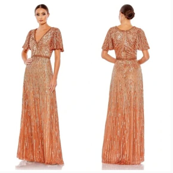 MAC DUGGAL 5538 EMBELLISHED V-NECK BUTTERLFY SLEEVE COLUMN COPPER GOWN sz 4 - Picture 4 of 5